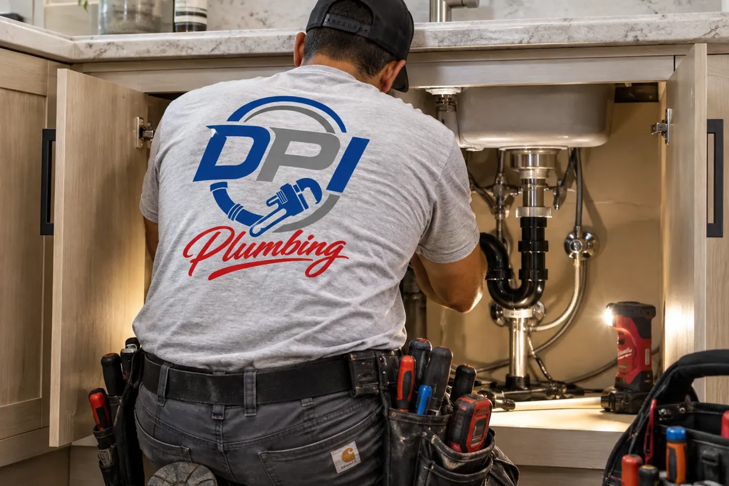 A DPI Plumbing technician in a branded shirt and tool belt, kneeling to work on the P-trap and supply lines in the cabinet under a kitchen sink.
